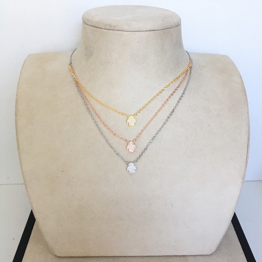 🧿 KHAMSA 🧿3 Layer Sterling Silver Cz Necklace